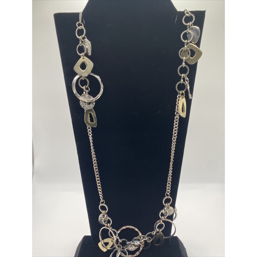 Long Station Chain Necklace Silver & Gold Tones Round Oval Various Metal Shapes